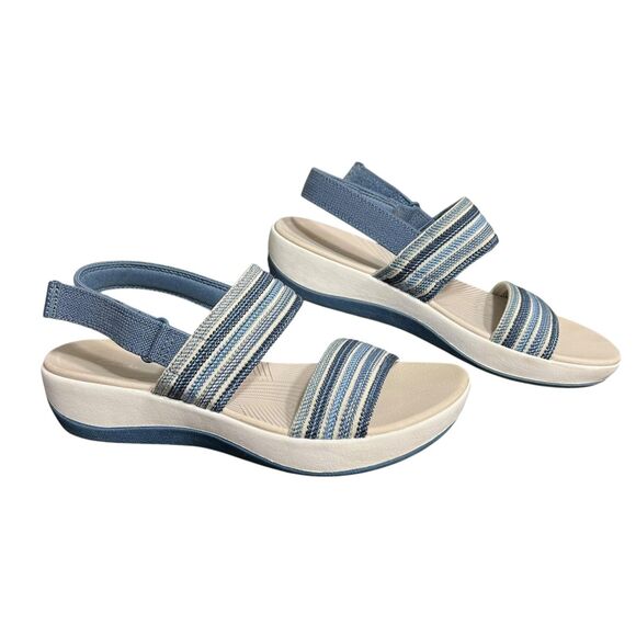 Clarks Cloudsteppers Sandals Womens Size 10 Blue White Striped Slingback Wedge - Picture 12 of 13